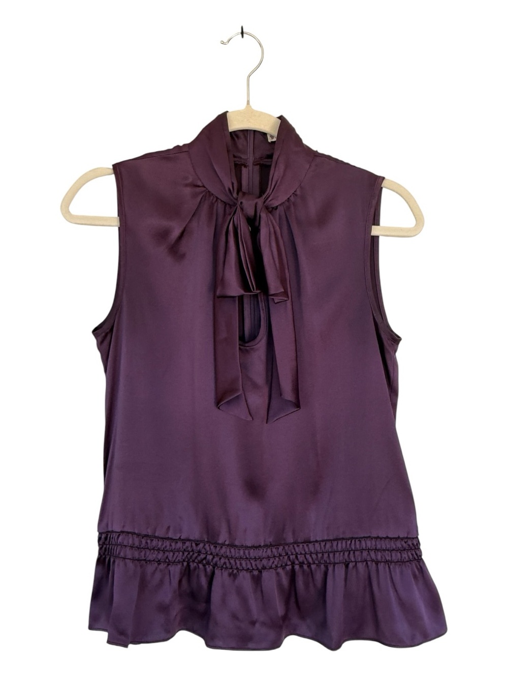 Nanette Lepore Sleeveless Tie-Neck Satin Blouse in Eggplant